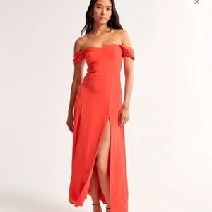 Abercrombie & Fitch Camille Off Shoulder Slit Maxi Dress in Red